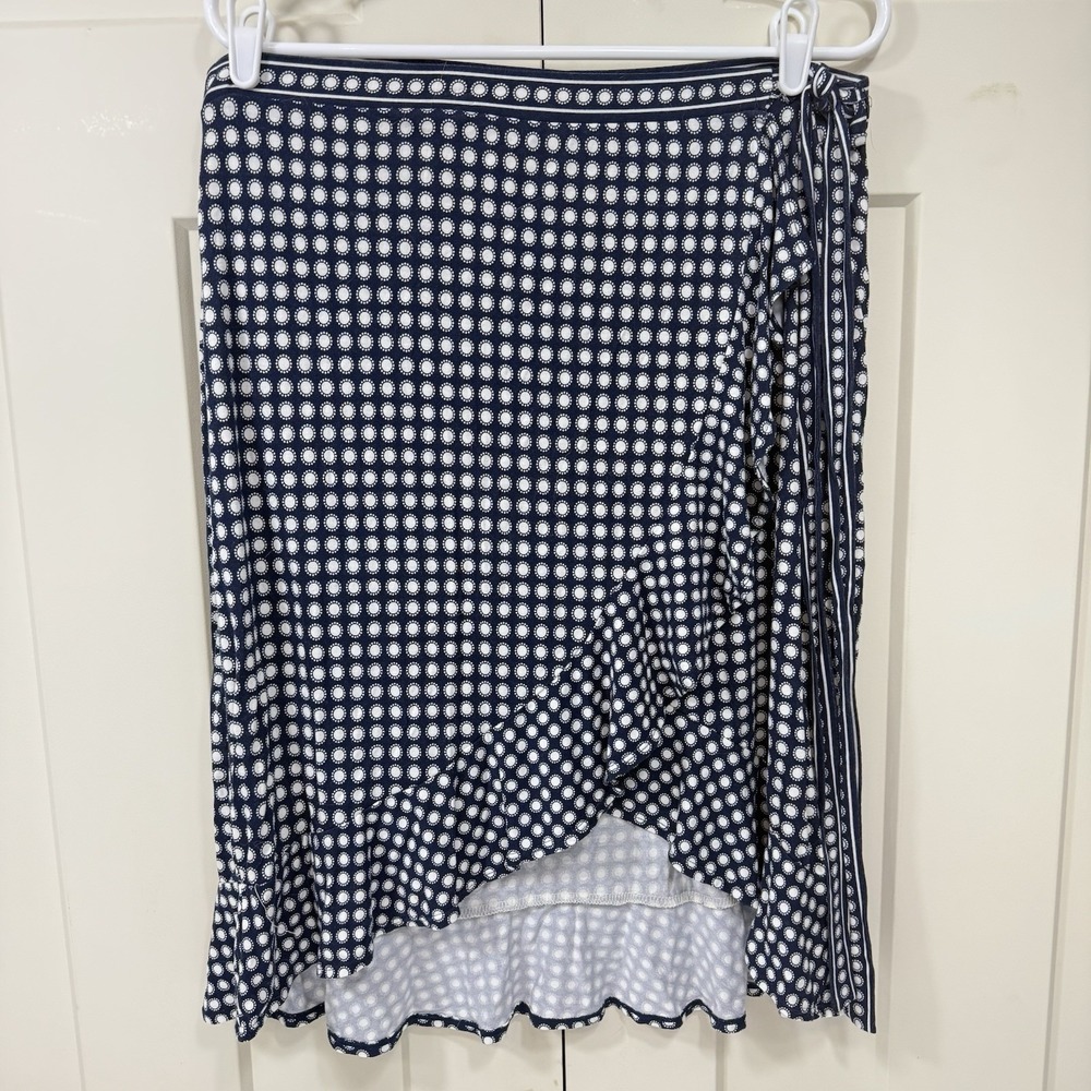 Max Studio Women's L Wrap Skirt Navy White Polka Dot Asymmetrical Hem Y2k 80's